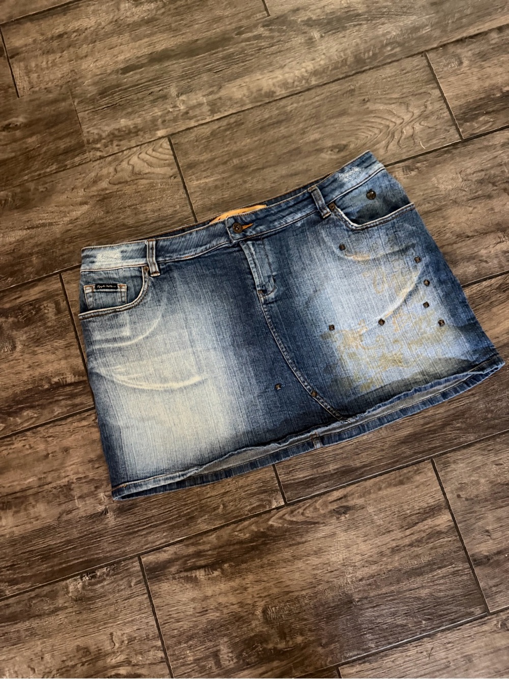 Vintage Apple Bottoms Denim
Mini Skirt Womens 17/18
Blue Stretch Y2K studded